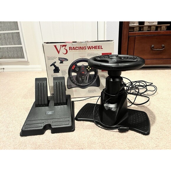 V3 DRIVING STEERING WHEEL CONTROLLER W/ GAS BRAKE PEDALS FOR N64 NINTENDO 64 - Picture 1 of 7